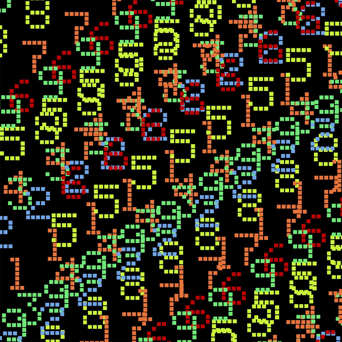 Multi colored digital numbers arranged in diagonal rows