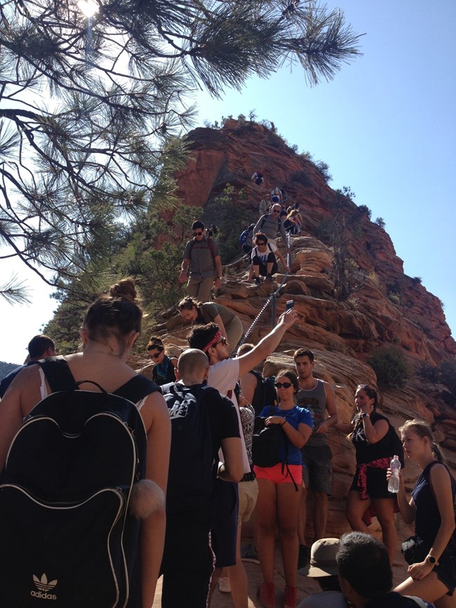 Line of people standing next to chains waiting to climb trail to Angels Landing.