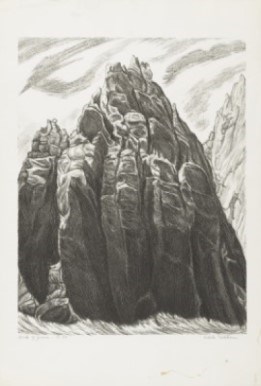 Grey and white lithograph of a Sandstone Tower in Zion