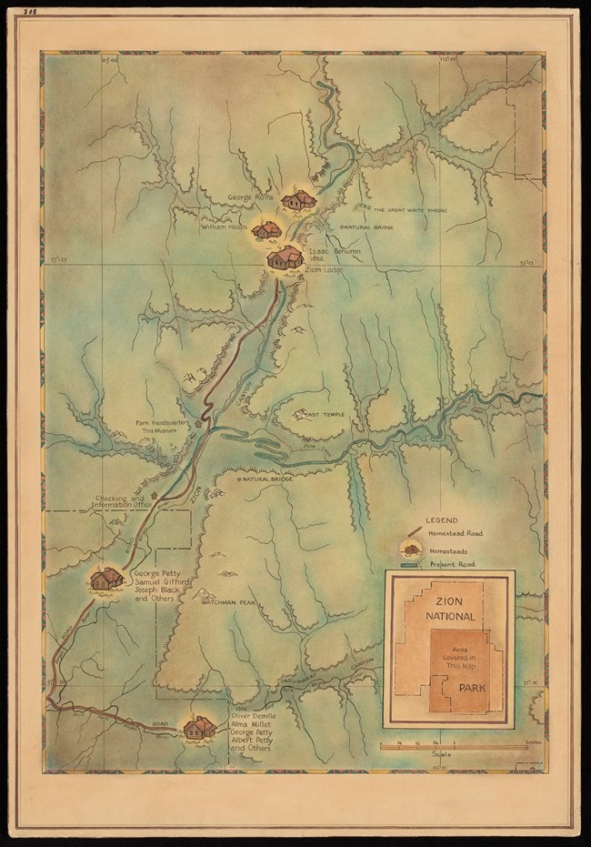 Historic map of Zion Canyon showing five homestead locations of European Americans.