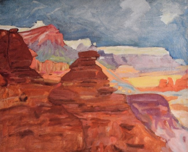 Oil painting on canvas, red sandstone towers painted with a light sky in the background. Yellows, purples, whites, and greens color the desert behind the sandstone towers