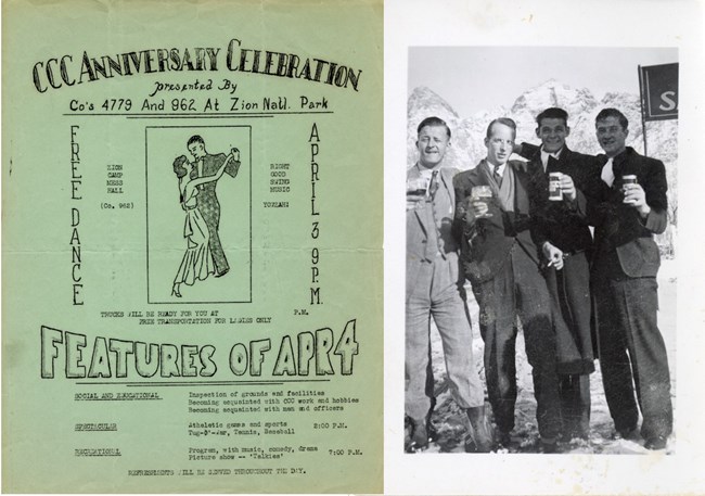 Two images, the left is a flyer for a CCC Dance and the right is four men with beers in wool suits.