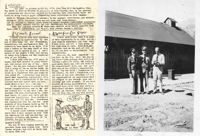 Two image, left is a page from the newsletter with a cartoon in the lower right, the right image is three men standing outside the CCC camp
