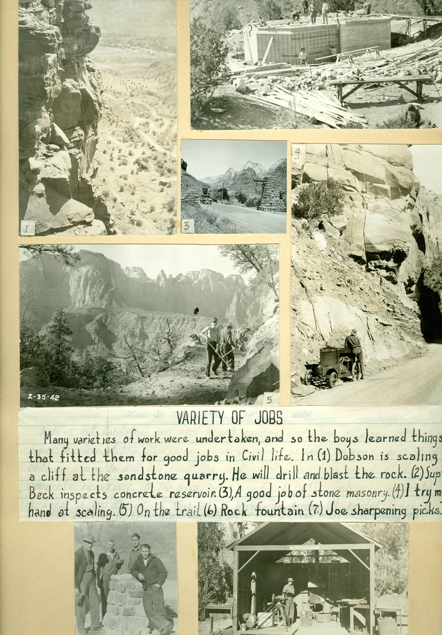 CCC member Belden Lewis created a scrapbook to document his experience at Zion National Park. The page featured here discusses the variety of work the men completed. CCC member Belden Lewis created a scrapbook to document his experience at Zion National Park. The page featured here discusses the variety of work the men completed.