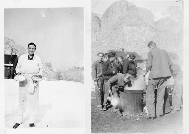 Two black and white photos: left shows a man holding two pies standing in the snow and right shows a group of men holding dishes, one is reaching into a steaming trash can to rinse.