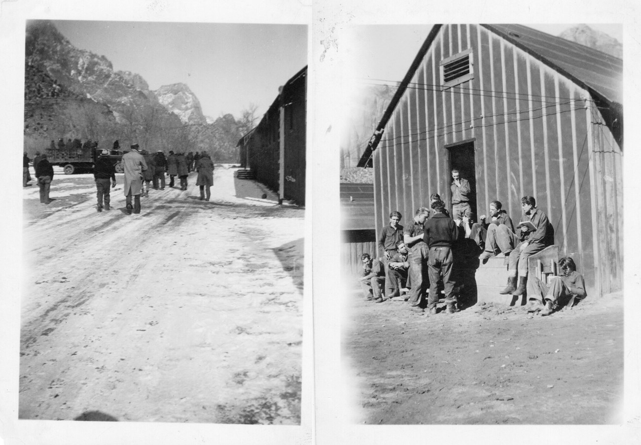 Two Black and white photos, left shows men walking toward trucks on a snowy landscape, right shows men sitting on the steps of a wooden building smiling and recreating