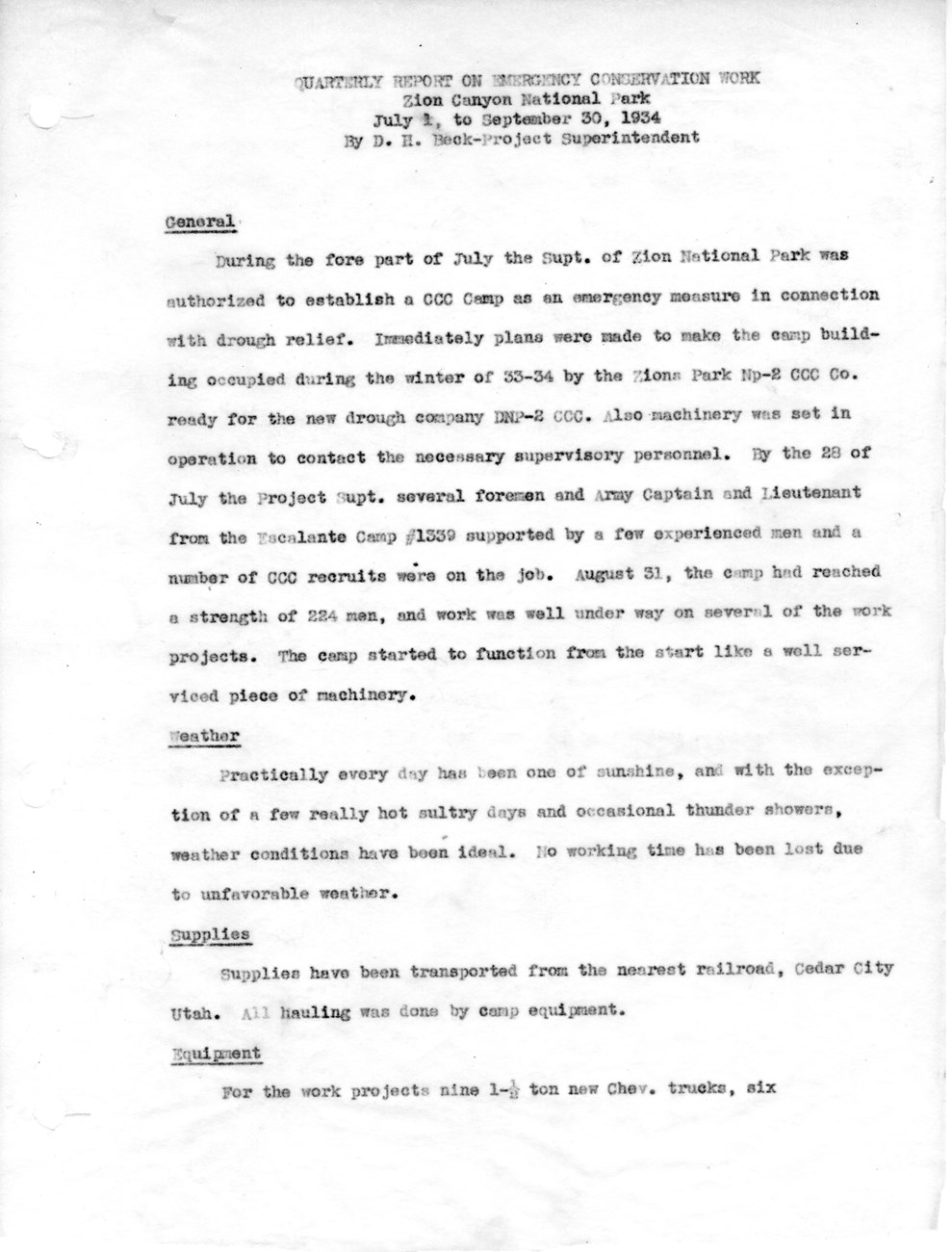 1934 Report includes information about the establishment of Camp NP-2