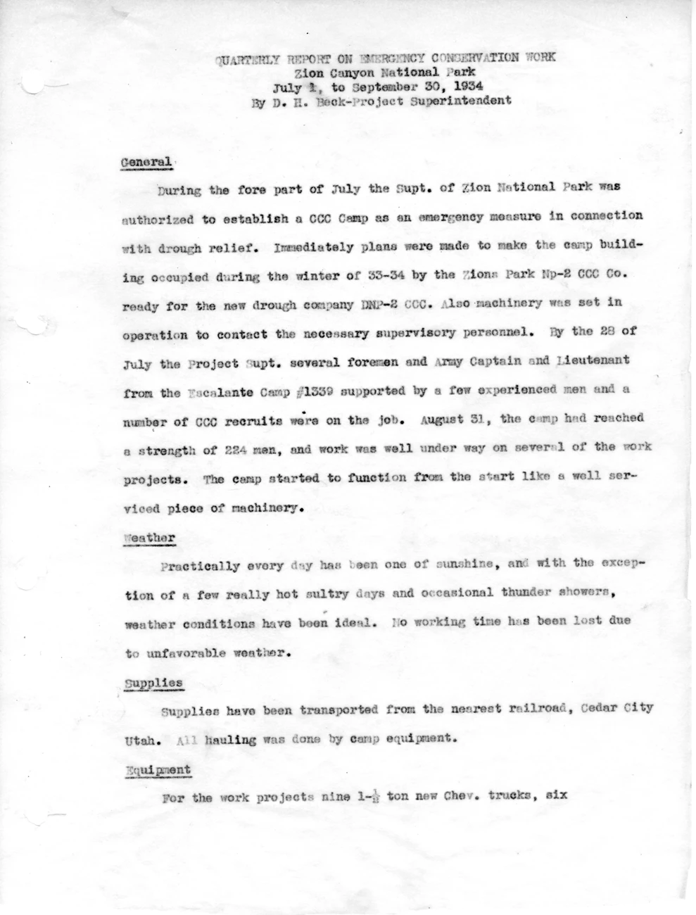 1934 Report includes information about the establishment of Camp NP-2 1934 Report includes information about the establishment of Camp NP-2