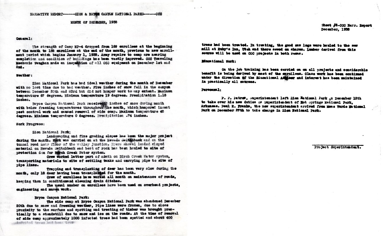 Two pages of typed text describing activities at the CCC camp.