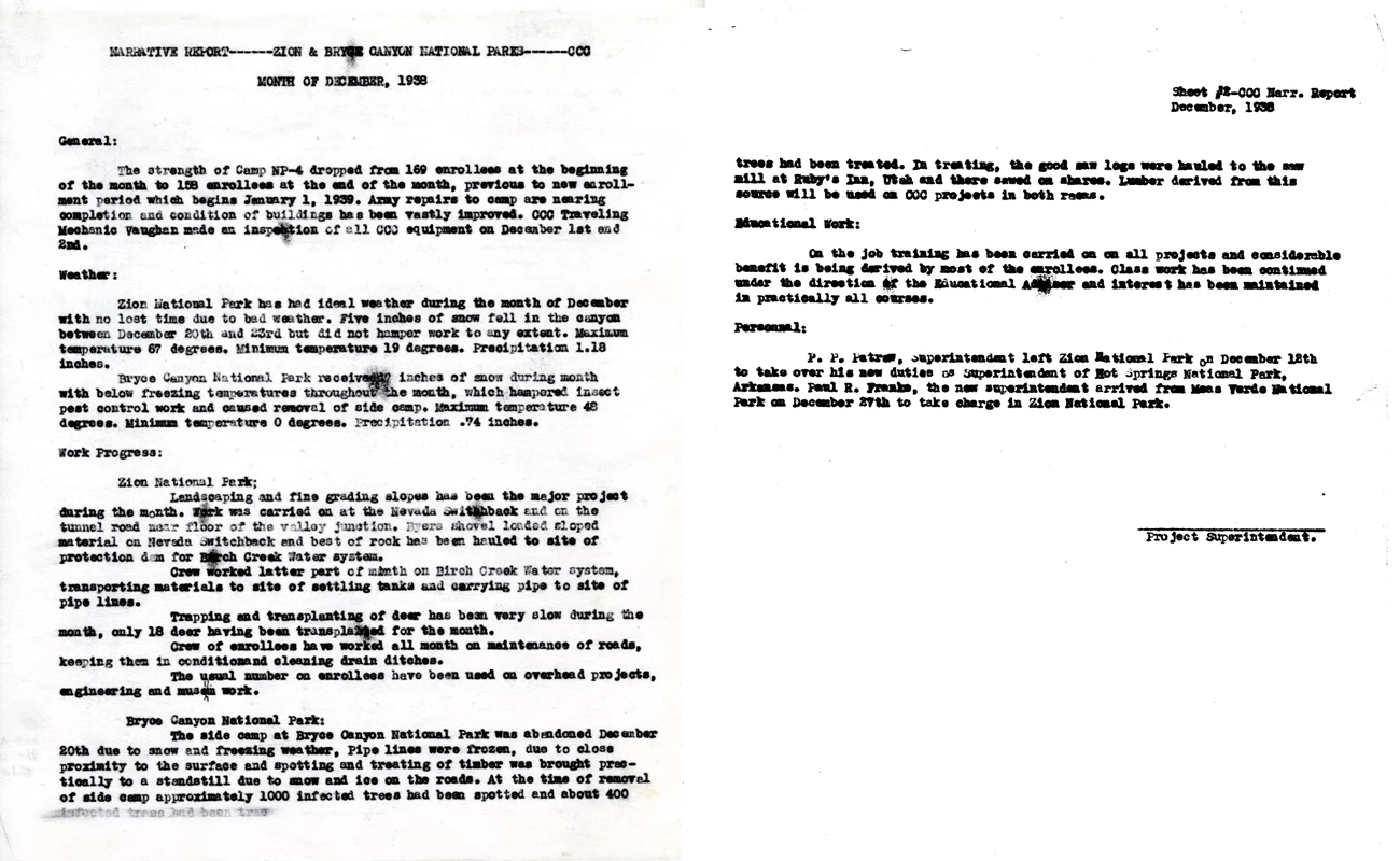 Pages from the December 1938 CCC Narrative Report Two pages of typed text describing activities at the CCC camp.