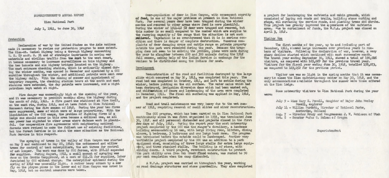 Superintendents Report covering the end of the CCC Three pages of the Superintendents annual report - 1941-1942, typed on paper.