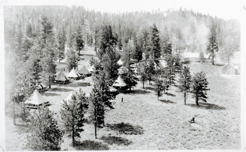 Black and white photo of white tents and pine trees scattered in a field with hills behind.