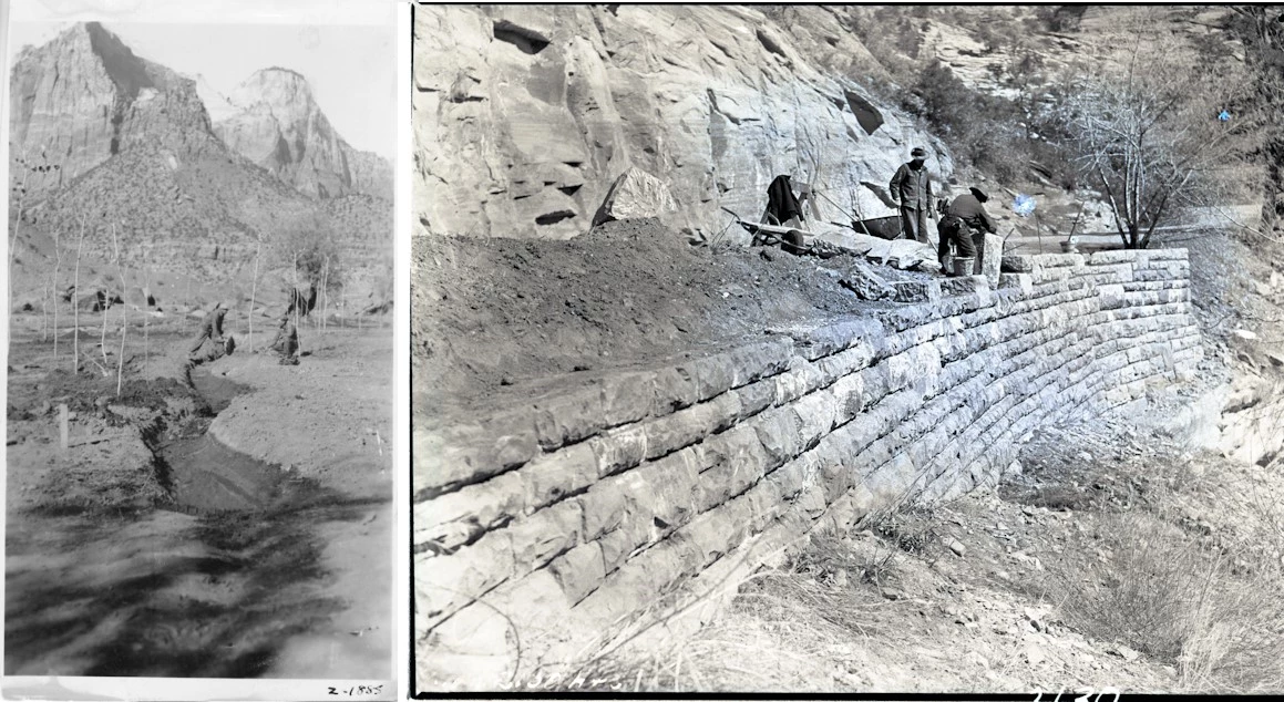 Various CCC work projects Two black and white images, the left shows two men digging a ditch near saplings, the right shows three men working on a stone retaining wall.