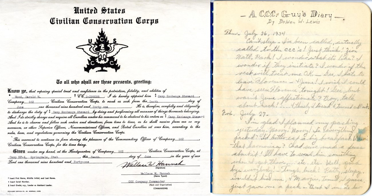 Two images of documents: left is assignment certificate with a CCC logo at top and right is a page from a diary, handwritten pencil on lined paper.