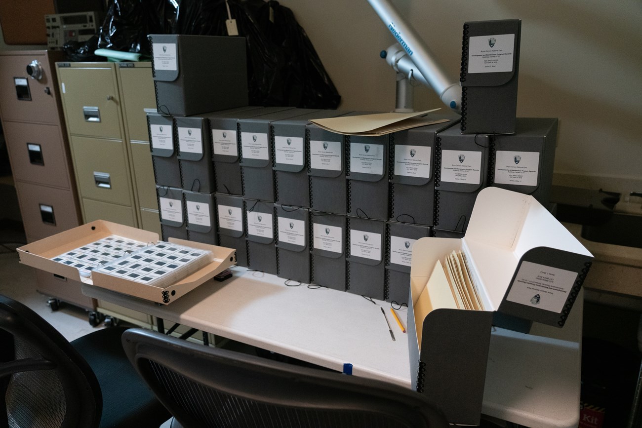 Archival boxes on a table in Zion National Park archives.
