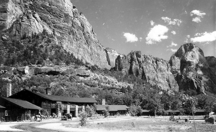 The Zion Lodge nestled in Zion Canyon.