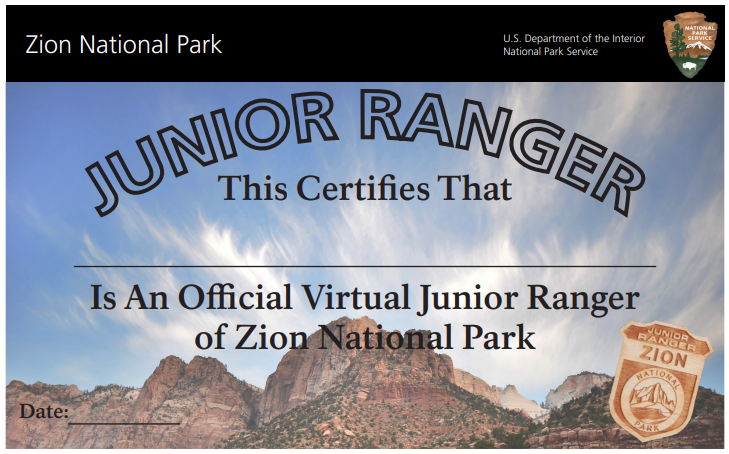 Certificate with image of Zion in the background, black bar on top, and inset image of Junior Ranger badge