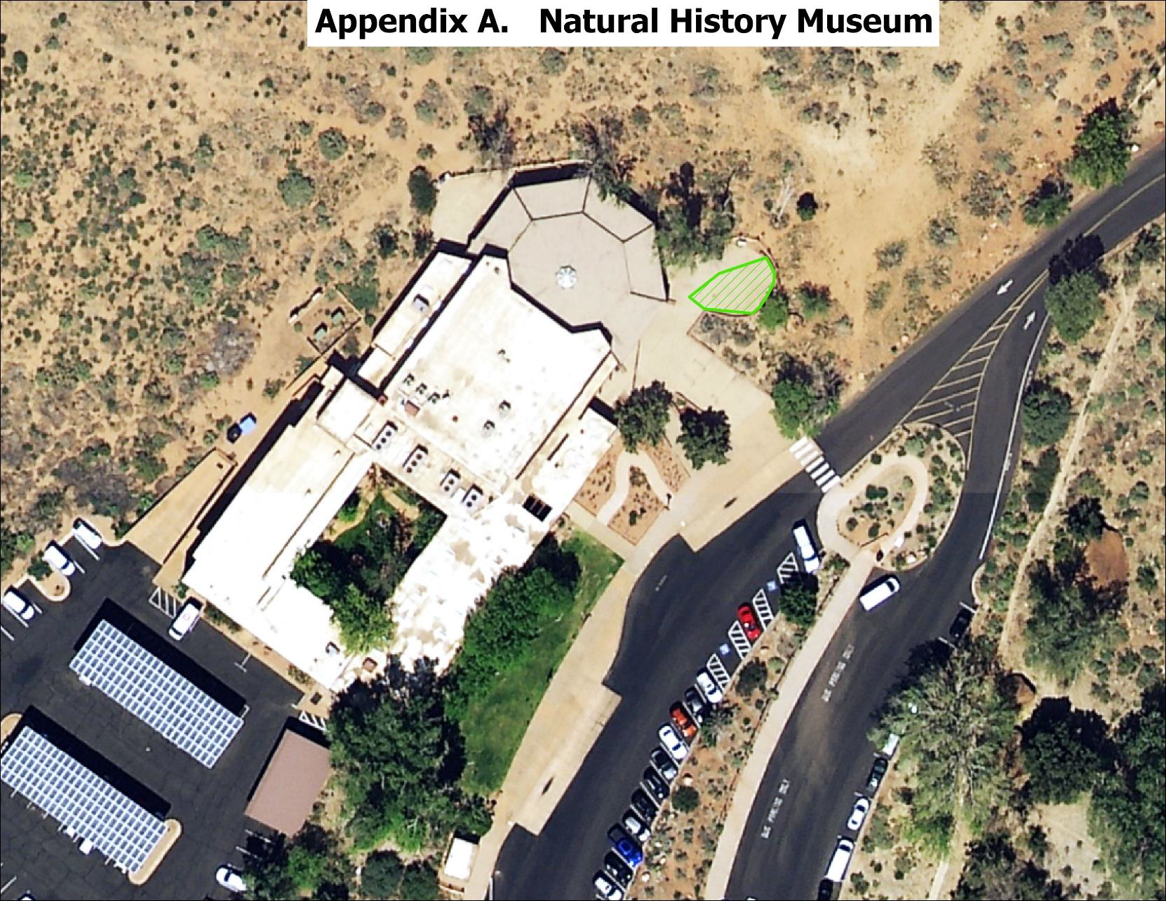 A satellite image showing the Natural History Museum. On the northeast corner of the paved area outside the building, a circular concrete area is partially highlighted. This highlighted area is a designated demonstration location.