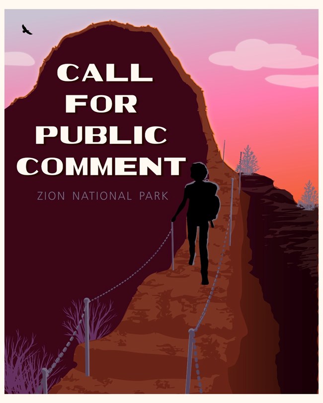 Computer generated graphic of Angels Landing in profile with text requesting public comment.