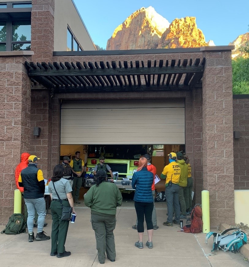 Zion Search and Rescue team members meeting on the morning of Sept. 13, 2020