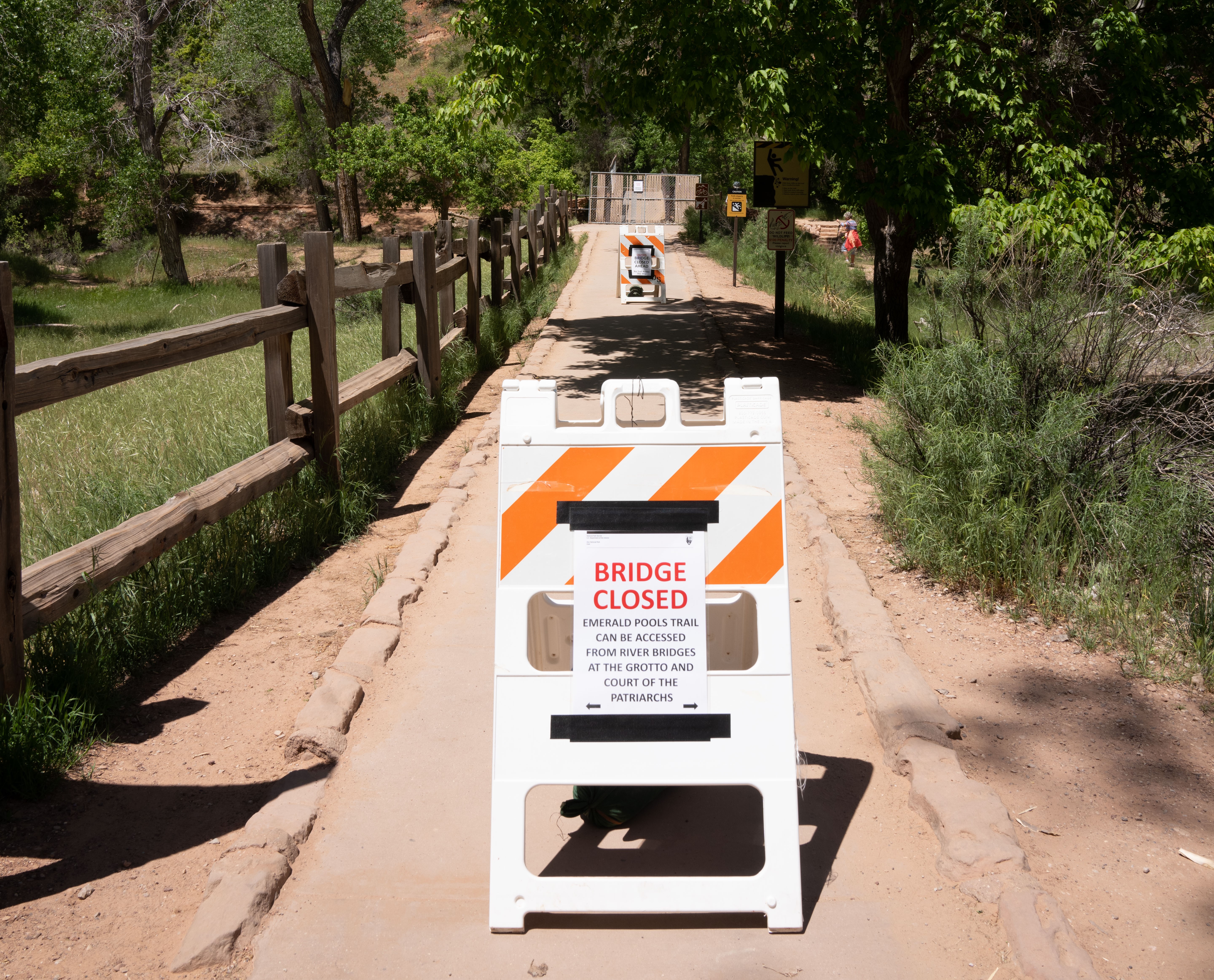 Folding sign in front of a bridge on a paved path. Sign reads "Bridge Closed. Emerald Pools Trail Can be Accessed from Bridges at the Grotto and the Court of the Patriarchs"
