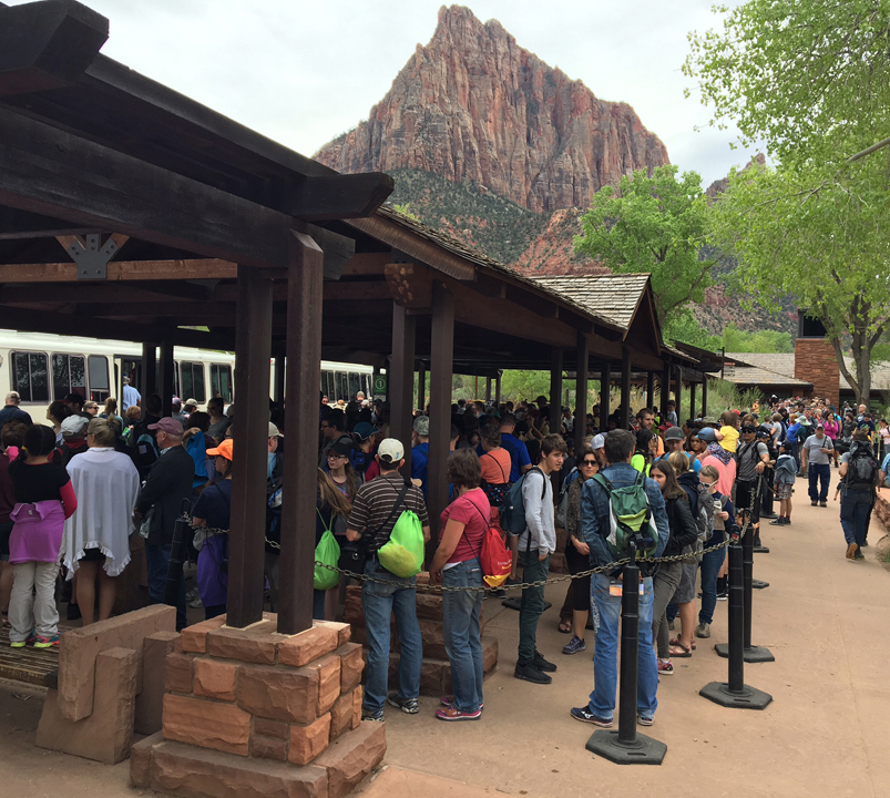 Crowds at the shuttle stop