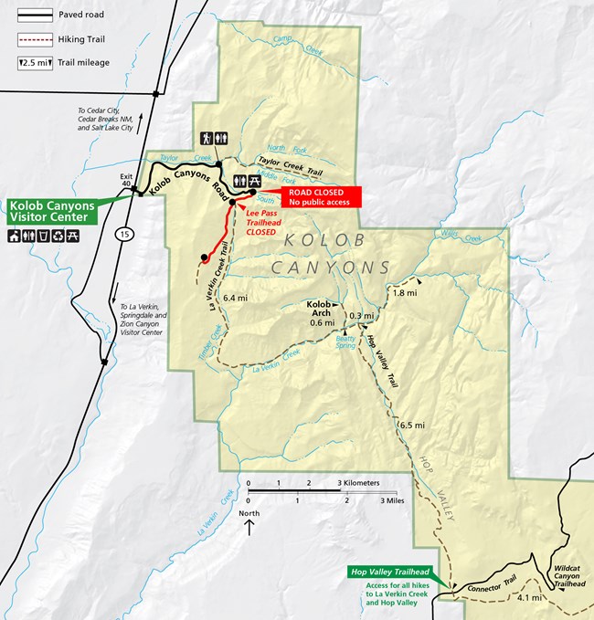 Map showing Kolob Canyons Road partially open. Closed area is at South Fork Picnic Area and beyond.