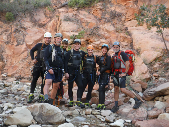 Self-portrait of the group standing before the first rappel of Keyhole Canyon on Monday, September 14, 2015.