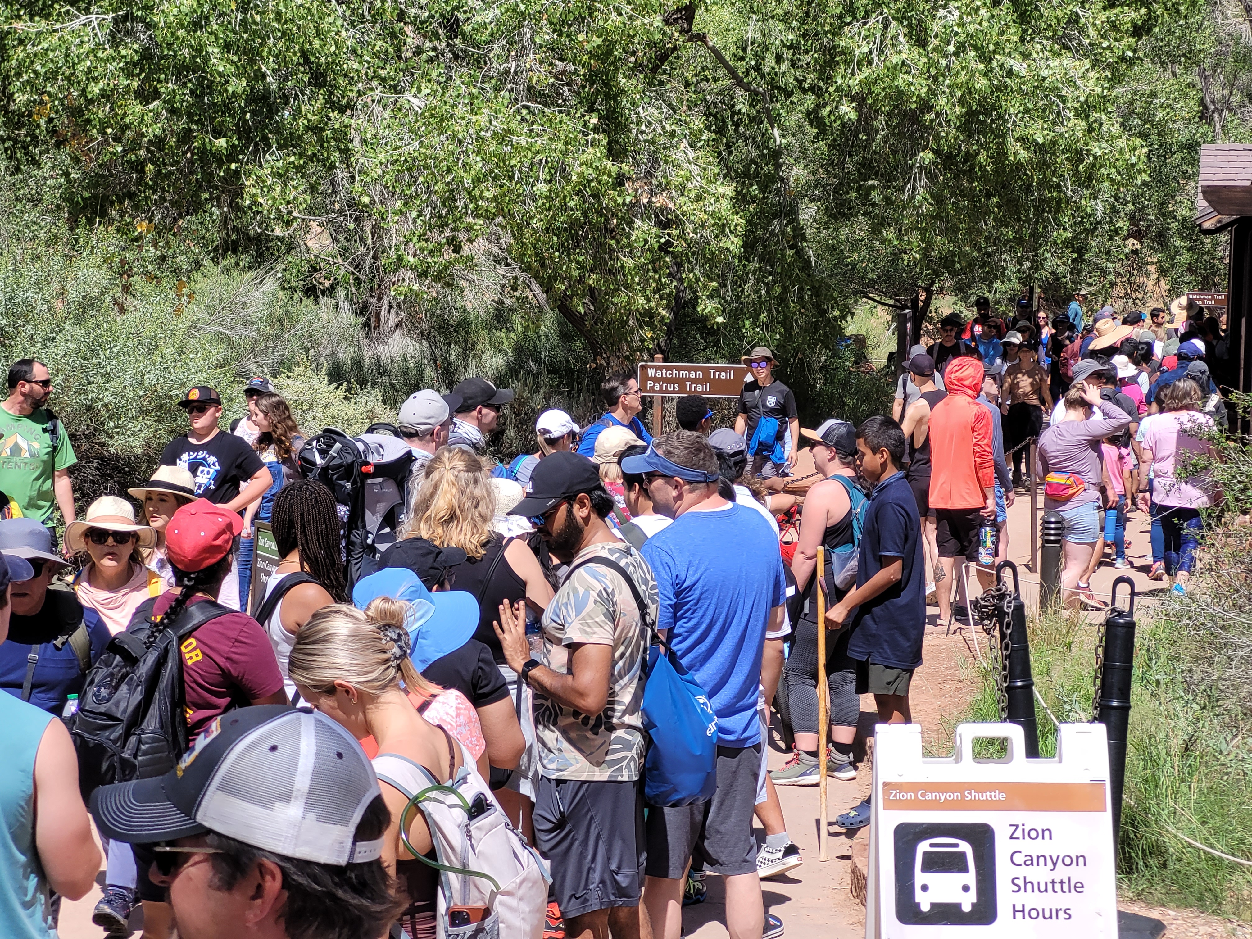 Labor Day Weekend Zion Canyon Visitor Center A large group of people in line for the Zion Canyon Shuttle
