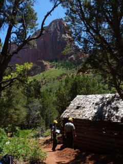 NPS crew assessing logs at the Larson Cabin