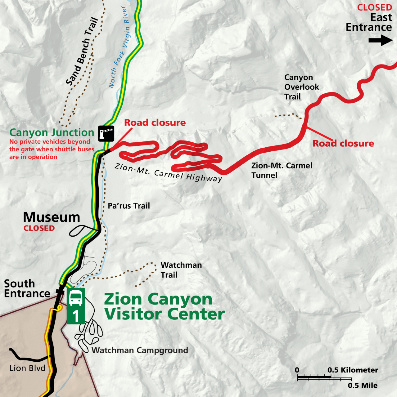 Map of Road closure in red along Mt. Carmel Highway from Zion scenic drive to east park entrance.