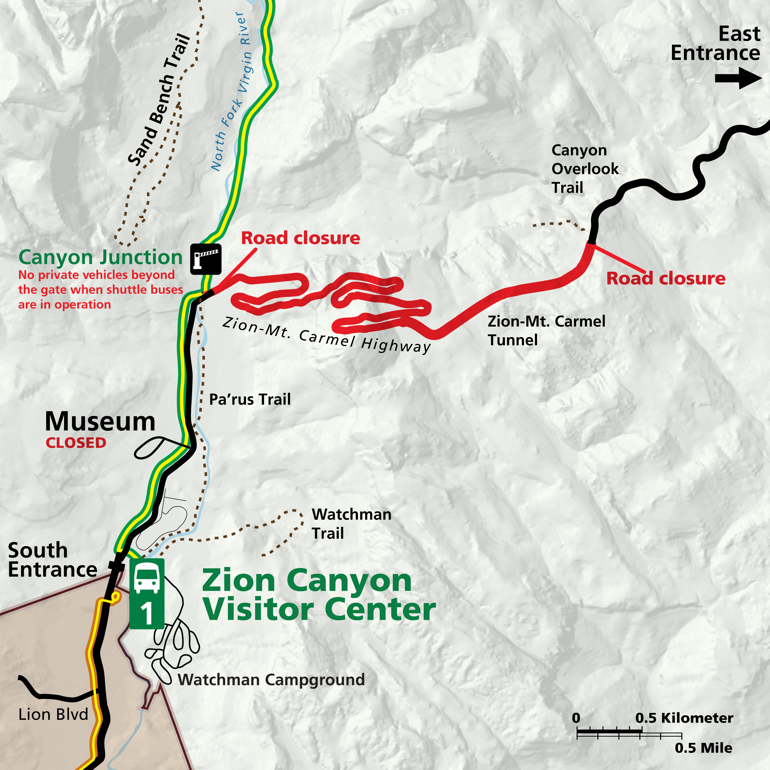 Map of Zion National Park showing road closure between Canyon Junction and the east end of the Zion-Mount Carmel Tunnel on State Route 9.