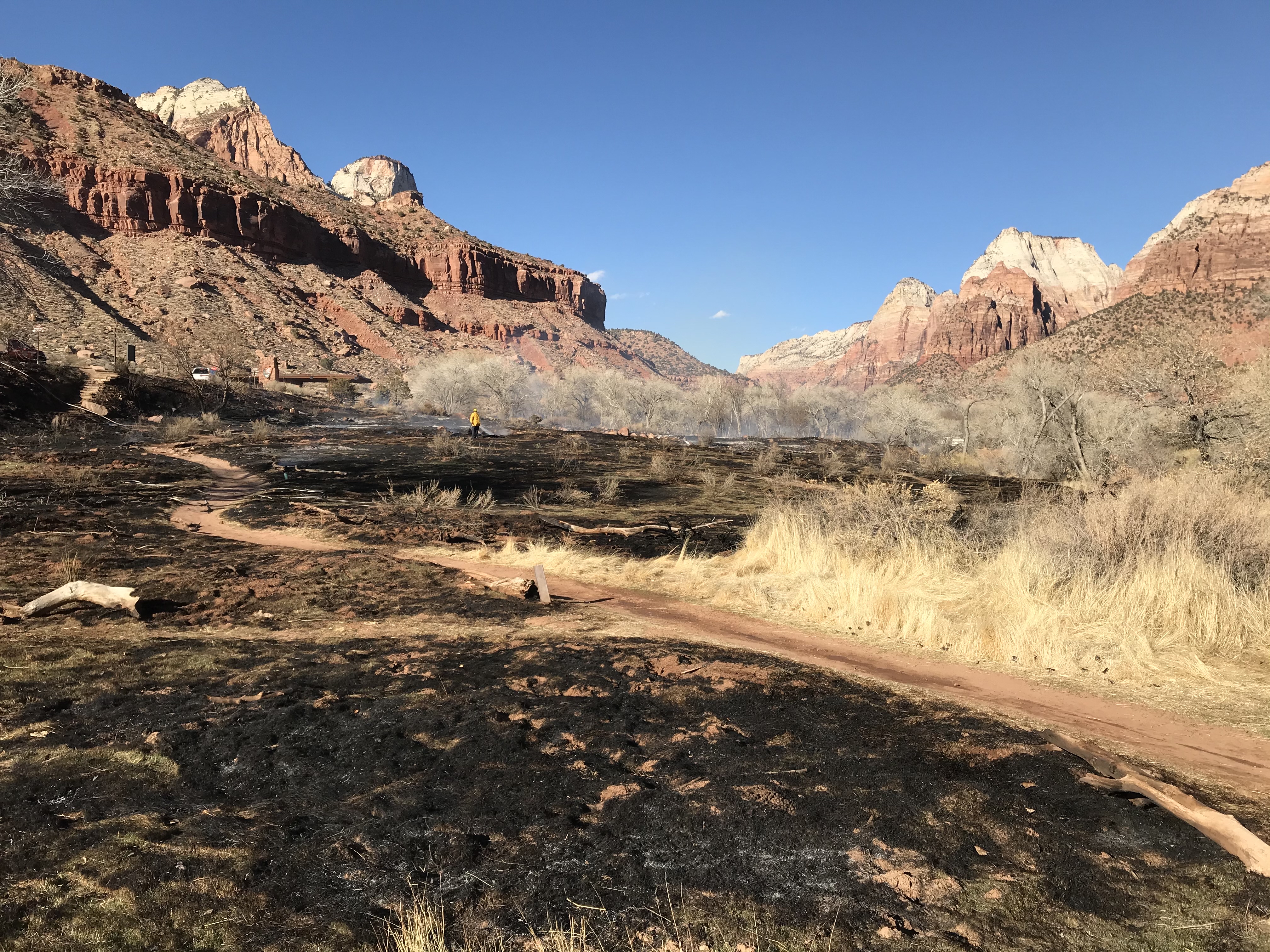 Dark, burned ground in foreground with yellow grass to the right, and red sandstone cliffs on either side.