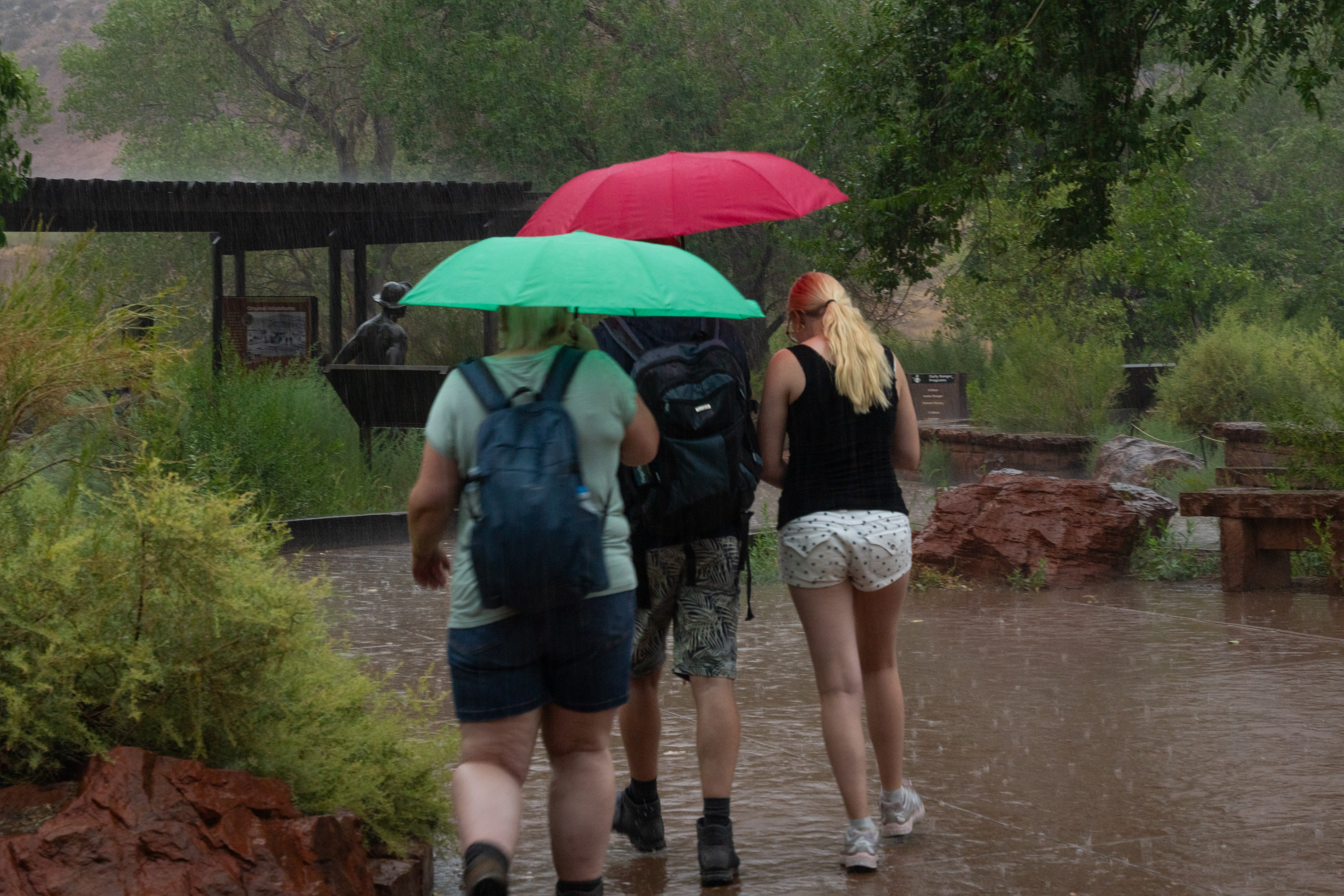 A group of visitors with a green and red umbrella walk through a rainstorm.