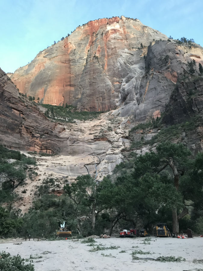 Debris from substantial rockfall covers portions of East Rim Trail near Weeping Rock shuttle stop