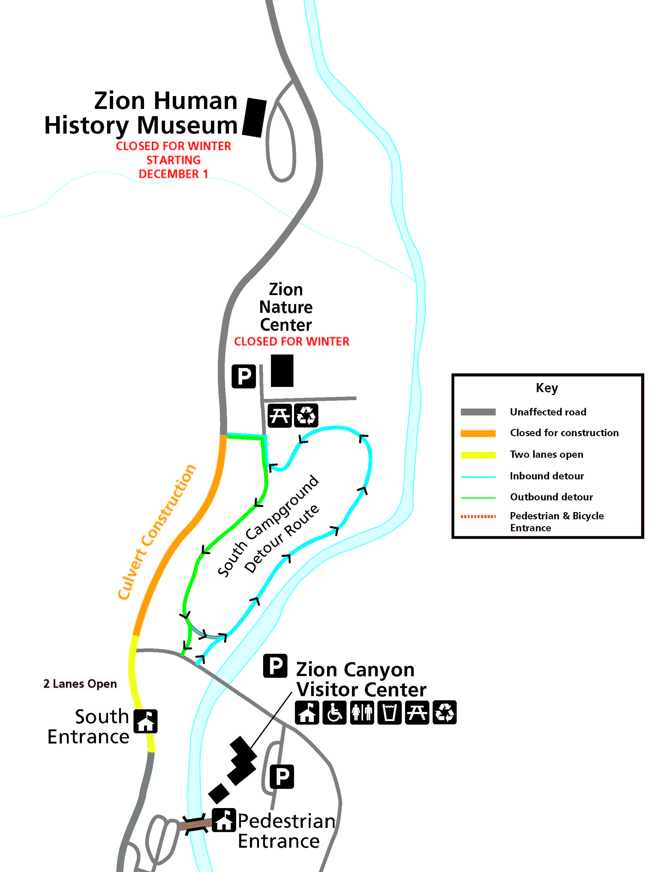 Map of the south entrance area of Zion National Park showing detour route through South Campground during culvert (drainage pipe) improvements near south entrance scheduled for winter 2022-2023