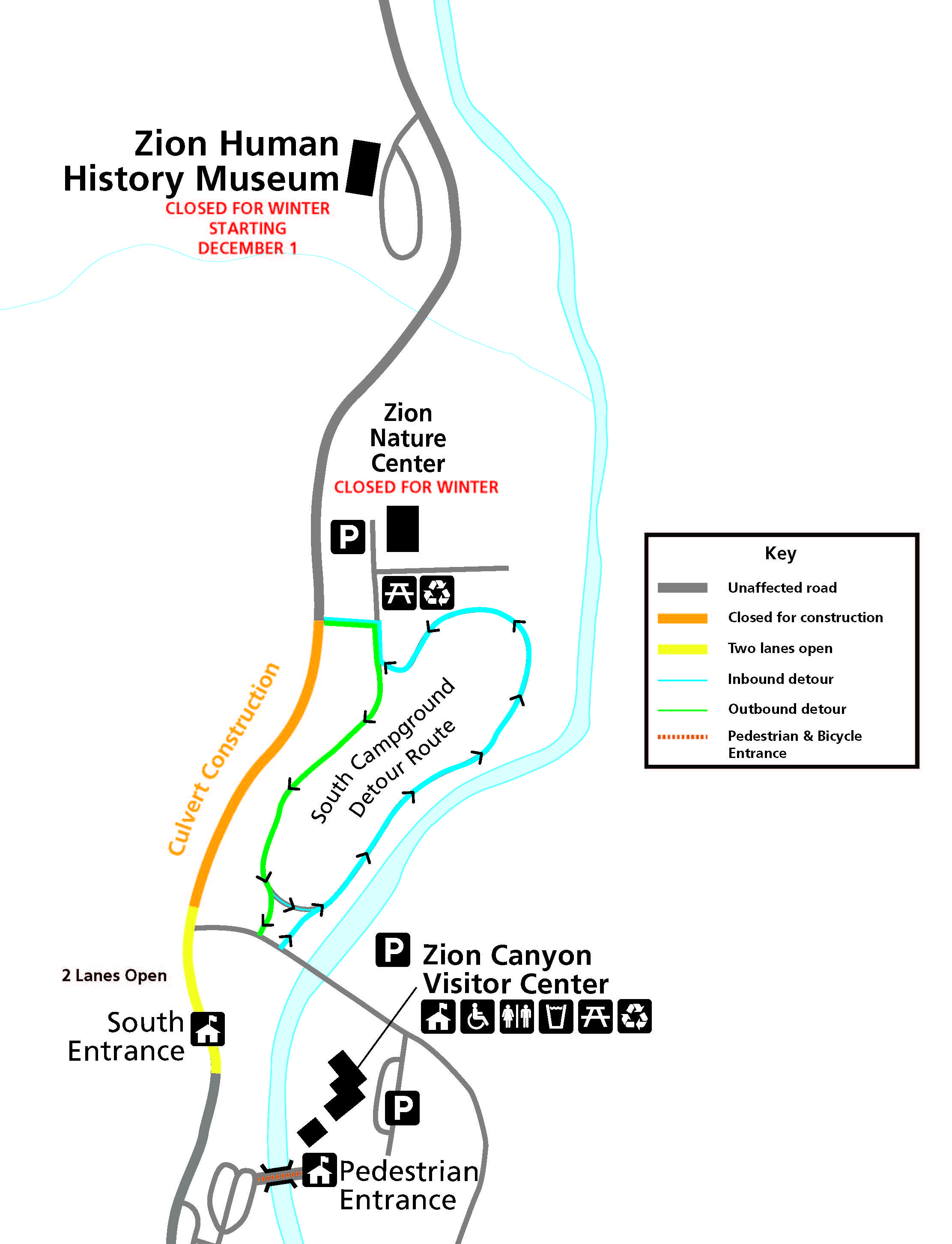 Zion drainage improvements construction map Map of the south entrance area of Zion National Park showing detour route through South Campground during culvert (drainage pipe) improvements near south entrance scheduled for winter 2022-2023