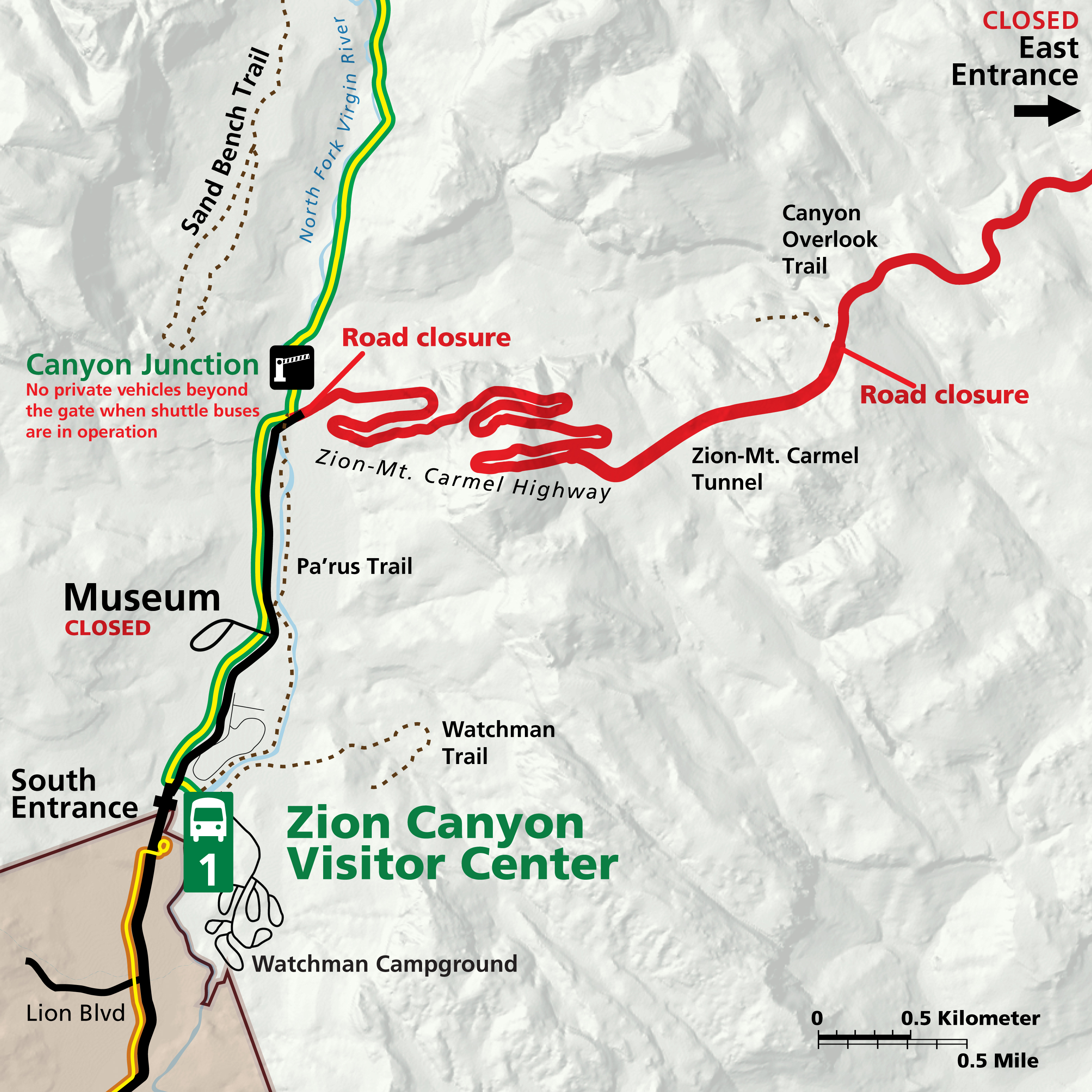 Night time roadwork map showing road closure between East Entrance and Canyon Junction in Zion National Park. Map of Zion National Park highlighting access changes during night construction.