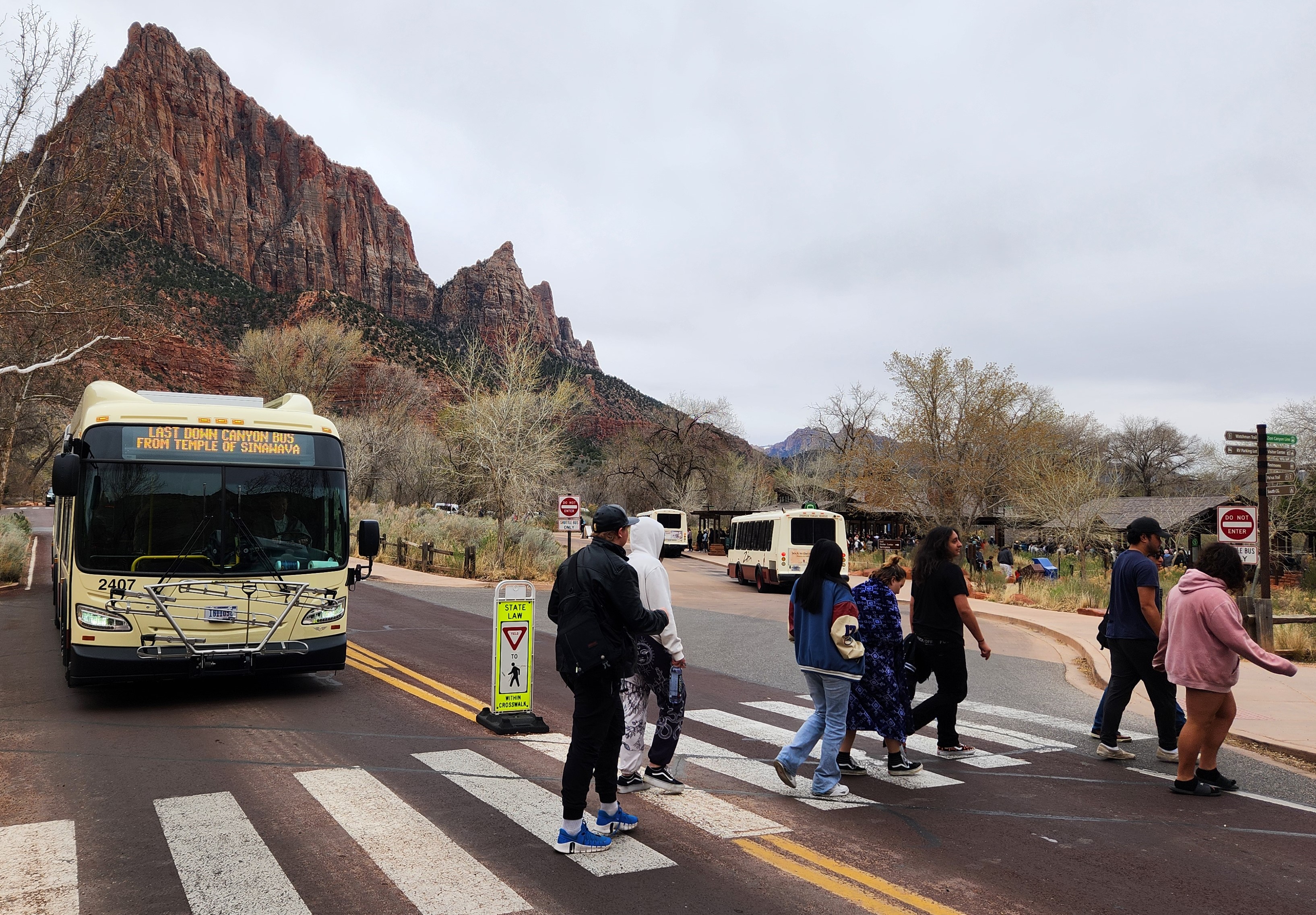 Zion shuttle bus stopped for pedestrians walking in crosswalk near shuttle boarding area. Red rock towers in the background along with shuttles waiting for visitors to board in a nearby paved area.