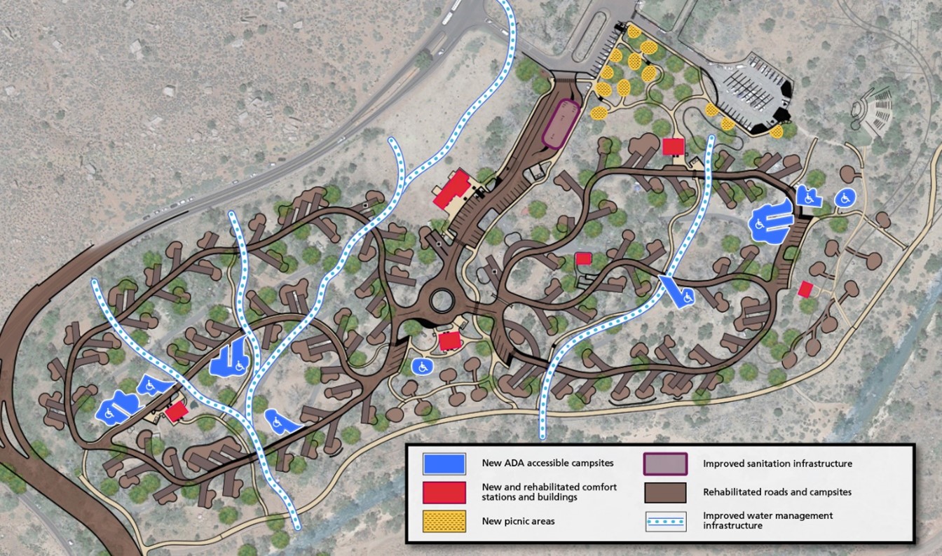 Construction plans showing improved ADA accessible campsite, new buildings and comfort stations, new picnic areas, improved sanitation infrastructure, rehabilitated road, and improved water drainage infrastructure locations.