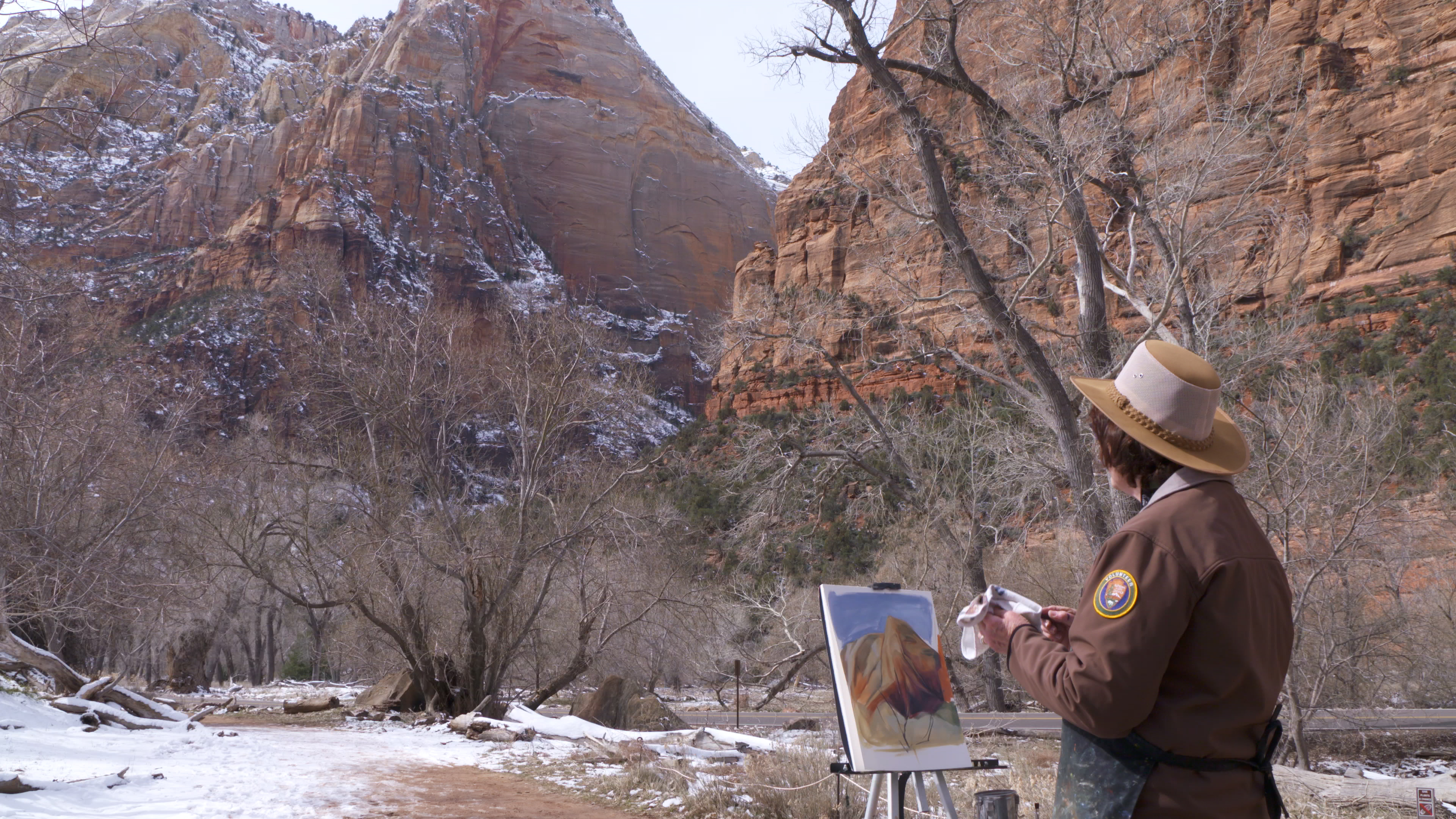 An artist paints a canyon wall outside looking at a canyon wall