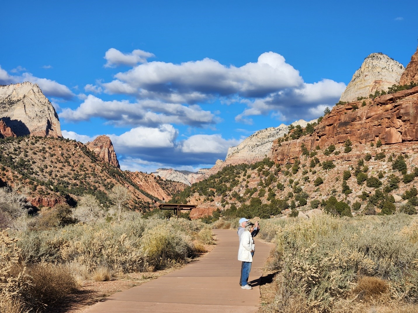 Visitors stand on paved trail with sandstone, foliage, and blue sky and clouds in the background