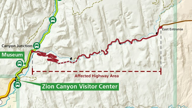 A map highlighting a section of highway. On one end of the highlighted area, "Canyon Junction" is labeled. On the other end, "East Entrance" is labeled.