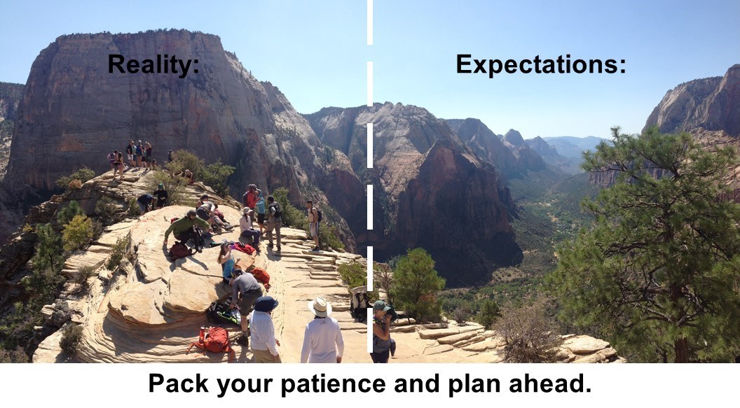 The reality of crowds on Angels Landing versus the expectations of a beautiful view