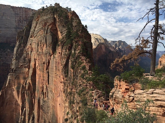 Angels Landing hike with hikers on the rim of the trail.