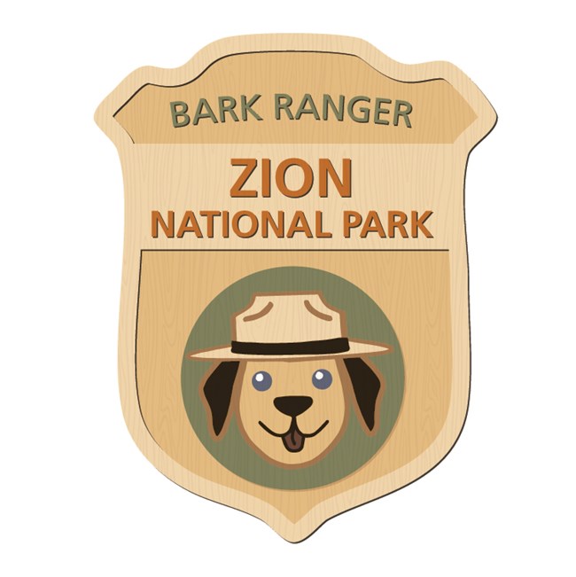 Become a BARK Ranger! A drawing of a ranger badge that says "Zion BARK Ranger" with a cartoon dog in a ranger hat.