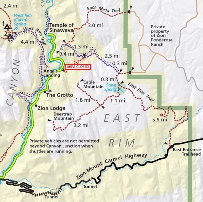 Planning map of the East Rim of Zion National Park. Weeping Rock TH closure is labeled.