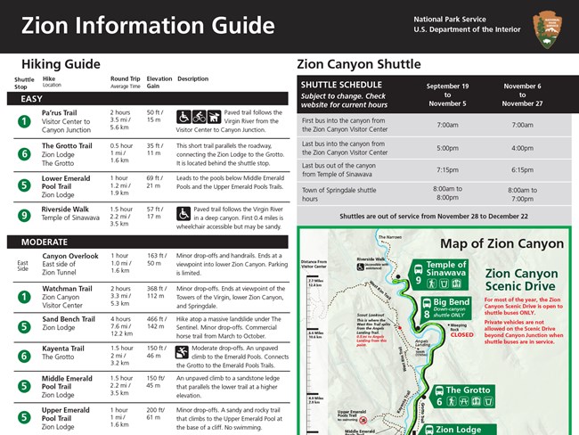 A screenshot image of the 2022 fall information guide. Across the top is the a black bar with the NPS arrowhead and the text "Zion Information Guide." Beneath the bar, on the right side is a map of Zion Canyon, on the left side is a Hiking Guide
