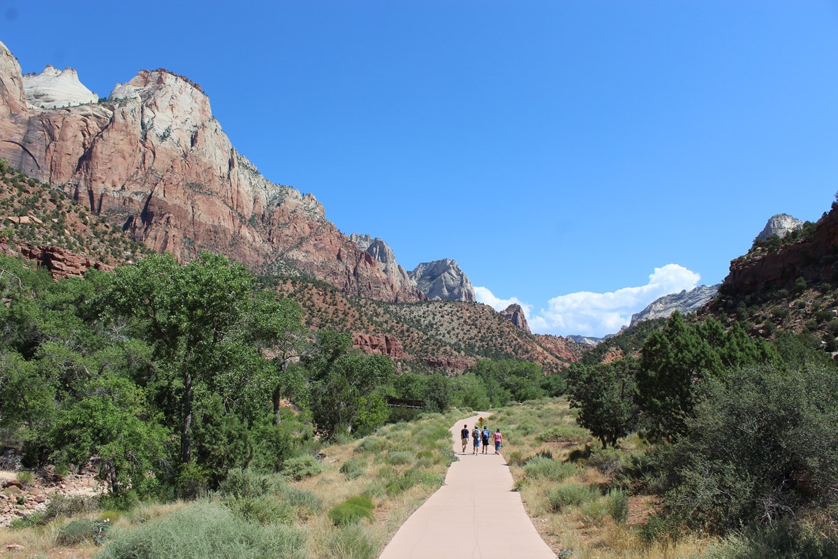 Hikers walk on the paved Pa'rus Trail surrounded by the canyon walls of Zion