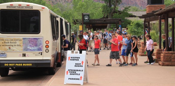 Visitors waiting in line for the shuttle.